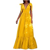 Women's Plunge V Neck Summer Sleeveless Tiered Maxi Dress Bowknot Shoulder Strap Pleated Swing Party Dresses