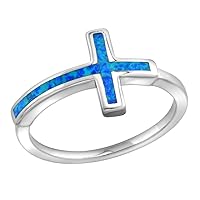 Sterling Silver Created Inlay Set Blue Opal Cross Ring for Women and Girls sizes 6-9