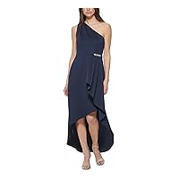 Jessica Howard Womens Navy Ruffled Sleeveless Asymmetrical Neckline Full-Length Evening Hi-Lo Dress Petites 4P