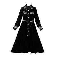 Autumn Winter Vintage Fleece Dress Women Designer Long Sleeve Midi Dresses Single Breasted Black Party Robes