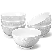 amhomel Cereal Bowls Set of 6 with Embossed Texture, 24 Ounce Porcelain Deep Ceramic Bowls, Dishwasher & Microwave Safe - White, 5.5 Inch