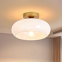 Mid-Century Modern Semi Flush Mount Ceiling Light, Kitchen Ceiling Light Fixture with Glass Shade, Vintage White and Gold Close to Ceiling Lamp for Entryway Hallway Bathroom (8.66 Inch)