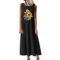 Maxi Dress for Women Women Summer Cotton Boho Casual Fashion Crewneck Sleeveless Dress