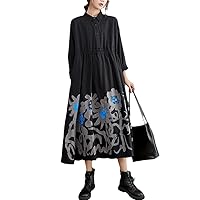 Black Vintage Print Shirt Dresses for Women Long Sleeve Loose Casual Midi Dress Clothing Spring Autumn