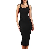 whoinshop Women's Rayon Strap Celebrity Midi Bodycon Evening Party Bandage Dress (L, Black-ployester)