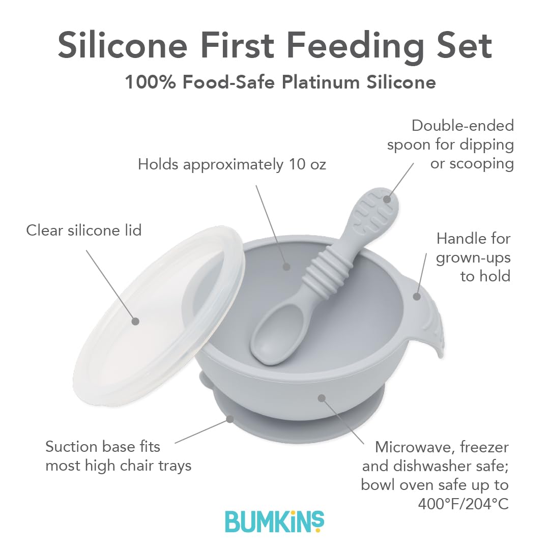 Bumkins Baby Bowls, Silicone Baby Feeding Set, Suction Bowls for Baby and Toddler with Spoon and Lid, First Feeding Set, Platinum Silicone Bowl for Babies 4 Months Up