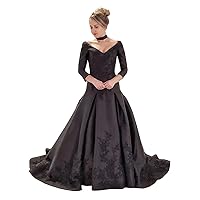 Melisa Plus Size Double V Neck Gothic Black Satin Lace up Corset Wedding Dresses for Bride with Long Train Bridal Ball Gowns