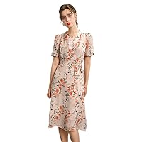 100% Mulberry Silk Dress Women V-Neck Lantern Sleeve Waist Lace Up Printing Bodycon Dress