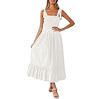Sundresses for Women 2024 Fashion Bohemian Straps Square Neck Solid Color Ruffle A-Line Beach Long Dresses