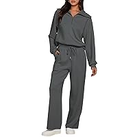 MEROKEETY Women's 2 Piece Outfits 2024 Long Sleeve Half Zip Sweatshirt Wide Leg Sweatpants Lounge Sets