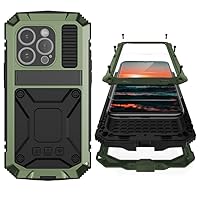 Compatible with iPhone 15 Pro Max Metal Case with Screen Protector Camera Protector Military Rugged Heavy Duty Shockproof Case with Metal Kickstand Full Body Tough Dustproof Case(Green)