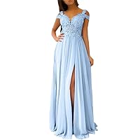 Women's Off Shoulder High Side Split Prom Dresses Open Back Chiffon Sweep Train Formal Party Evening Gown