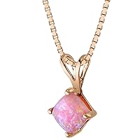 PEORA Solid 14K Rose Gold Created Pink Opal Pendant for Women, Classic Solitaire, 6mm Cushion Cut
