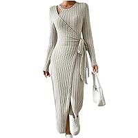 Womens Dresses Spring Ribbed Tied Detail Casual Round Neck Plain Long Sleeve Daily Dress Woman Clothing