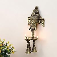 Artvarko™ Brass Ganesh Ganesha Wall Hanging Idol Oil Lamp Three Diyas and Bells Puja Gifting Entrance Home Decor Idol 9.5 Inch.