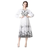 Spring Summer Midi Dress Women's Turn Down Neck Lantern Sleeve Mesh Embroidered Chiffon Party Dress