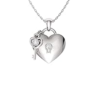 Natural and Certified Gemstone and Diamond Love Lock and Key Heart Necklace in 14k White Gold |0.02 Carat Pendant with Chain