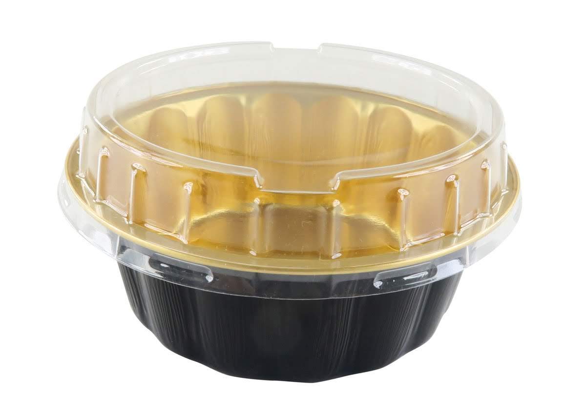 KitchenDance Disposable Colored Aluminum 8 oz. Individual Cake Cups- Tart Pans-Dessert Pans. Color and Lid Options #A8 (100, Black & Gold With Lids)