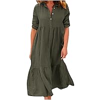 Women Lapel Button Short Ruched Sleeve Midi Dresses Summer Cotton Linen Casual Trendy Pleated Tiered A-Line Dress