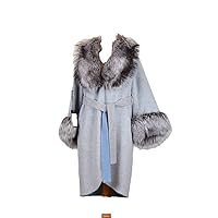 Woman Light Blue Belted and Real Fur Collar Wool Coat