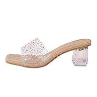 Sandals For Women Casual Summer Ladies Fashion Summer Transparent PVC Rhinestone Decorative Square Head Open Toe Crystal