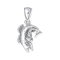 Sterling Silver Bass Fish 3D Charm Pendant diamond cut finish with 24 inch necklace