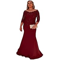 Women's 3/4 Sleeve Mermaid Prom Dress Plus Size Appliqued Wedding Evening Gown