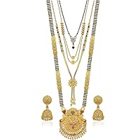 Presents Traditional One Gram Gold Plated Combo of 4 Necklace Pendant 30 Inch Long and 18 Inch Short Mangalsutra/Tanmaniya/Nallapusalu with 1 Pair of #Frienemy-1856