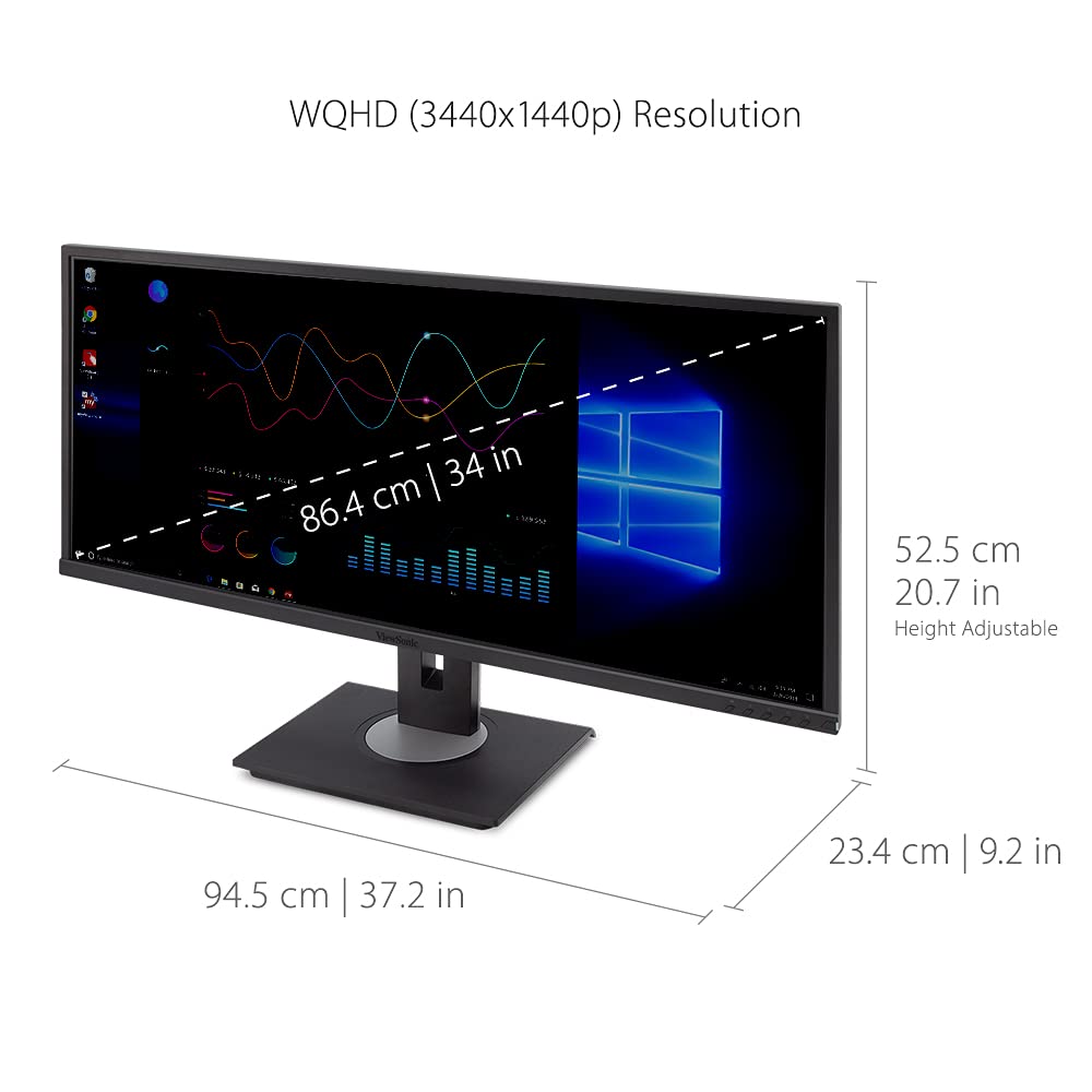 ViewSonic VG3456 34 Inch 21:9 UltraWide WQHD 1440p Monitor with Ergonomics Design USB Type C Docking Built-In Gigabit Ethernet for Home and Office