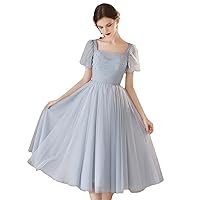 Lamya Gray Bubble Sleeve Tea Length Bridesmaid Dresses for Graduation