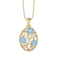 925 Sterling Silver Filigree Floral Natural Round Larimar & White Topaz Teardrop Charm Pendant Chain Necklace