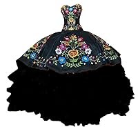 Vintage Ball Gown Flowers Embroidery Black Quinceanera Dresses Mexican Puffy Skirt Prom Sweet 16 Dress 2024