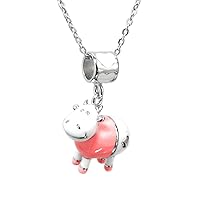 Pink Enamel Dangle Cow Bead Charm Pendant Sterling Silver Chain Necklace 14'' + 2'' Extender