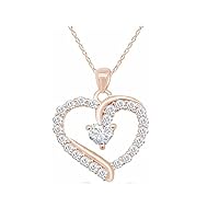 Round Cut White Dimaond Heart Love Necklace Pendant 14k Rose Gold Plated 925 Sterling Silver with 18