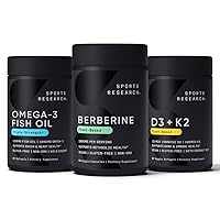 Sports Research Vegan Berberine & Vitamin D3 + K2 Supplements complemented by Triple Strength Omega 3 Burpless Fish Oil with EPA & DHA Fatty Acids (One Softgel per Day Recommended)