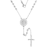 Sterling Silver Cubic Zirconia Rosary Necklace Round CZ Halo Miraculous Center 3mm Moon Cut Beads Rhodium Finished