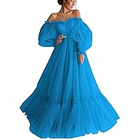 Women's A Line Off Shoulder Quinceanera Dress Long Puffy Sleeve Appliques Tulle Ball Gowns Blue