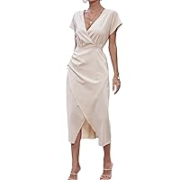 Womens Summer Dresses Solid Ruched Side Wrap Hem Midi Dress