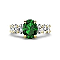 4.90 ctw Emerald Oval Shape (9x7 mm) & Lab Grown Diamond Oval Shape (5x3 mm) Prong set Hidden Halo Engagement Ring in 14K Gold