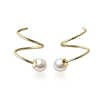 Reffeer Solid 925 Sterling Silver Fashion Pearl Earrings Cuff for Women Teen Girls Pearl Wrap Earrings Spiral Earrings