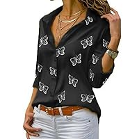 Women Long Sleeve Blouse Oversized Spring Autumn Loose Collar Loose Office Lady Casual Butterfly Print Basic