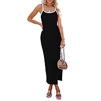 Pink Queen Women's Sleeveless Bodycon Slip Dress Spaghetti Strap Backless Ribbed Split Maxi Long Dresses