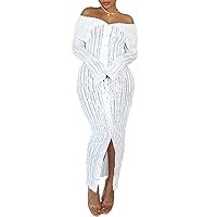 Sexy Button Down Dress for Women Long Sleeve Off Shoulder See Through Bodycon Maxi Dresses for Club Night Out