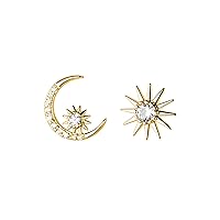 Reffeer Solid 925 Sterling Silver CZ Moon Star Earrings Stud for Women Teen Girls Moon Sun Studs Earrings Asymmetric