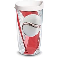Tervis Baseballs Red & Mitt Background Tumbler with Wrap and White Lid 16oz, Clear