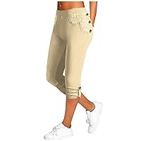 Capri Leggings for Women Summer High Waisted Button Capri Pants Lace Trim Slim Fit Yoga Gym Cropped Trousers
