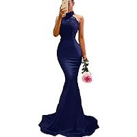 Women's Sexy Halter Lace Appliques Meramaid Evening Dress Long Formal Bridesmaid Gowns Backless