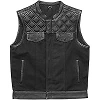 Mens Western Denim Leather Motorcycle Combo Club Collar Vest with White Stitching Light Weight