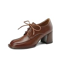 TinaCus Handmade Women's Genuine Leather Square Toe Mid Block Heel Oxford Shoes