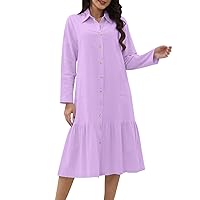 Women's Formal Dresses 2024 Trendy Casual Solid Color Lapel Long Sleeved Single Breasted Dress with Pockets, S-3XL